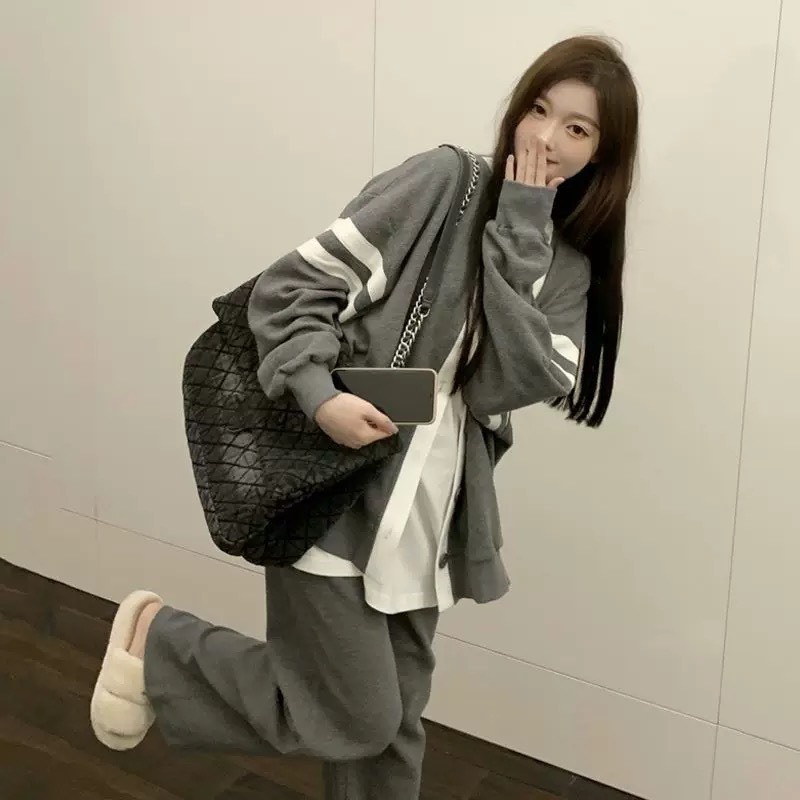 Bộ Đồ Thu Đông Nữ Áo Cardigan Viền Tay Kèm Quần Suông Dây Rút Dáng Dài Phong Cách Hàn Quốc