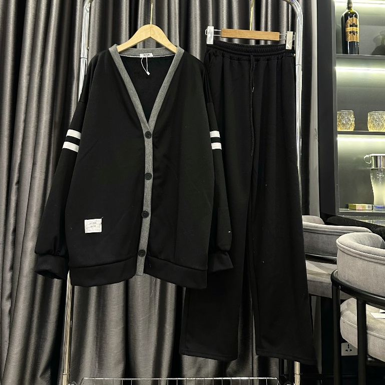 Bộ Đồ Thu Đông Nữ Áo Cardigan Viền Tay Kèm Quần Suông Dây Rút Dáng Dài Phong Cách Hàn Quốc