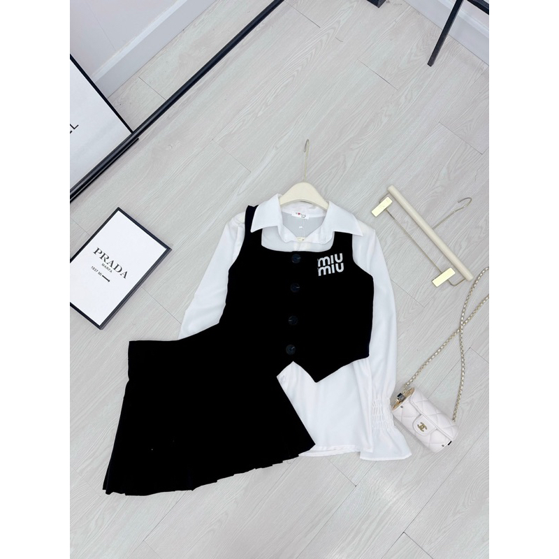 SET 3 MÓN:SM TRẮNG TAY BO + GILE ĐEN MIU + CV XẾP LY