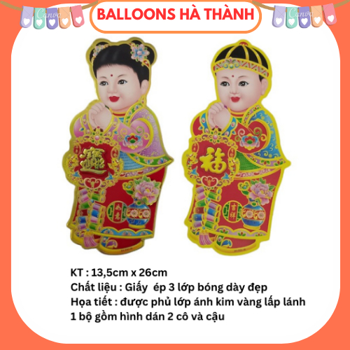 Cặp hình dán 3D cô cậu màu ánh kim dùng bày tráp ăn hỏi dán cửa.