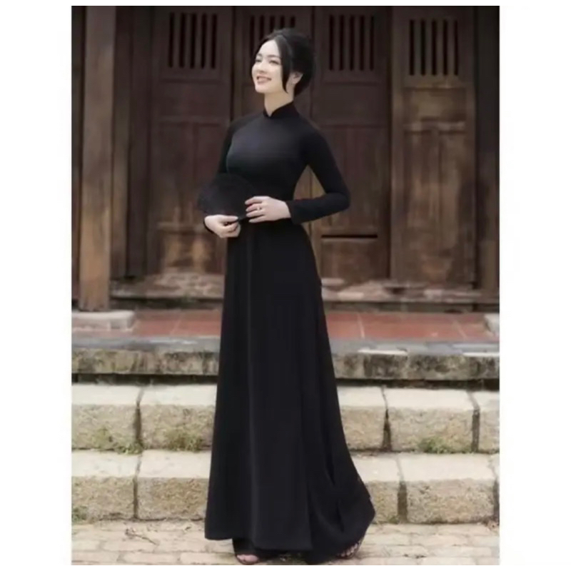 Áo dài trơn truyền thống 4 tà chất chiffon cao cấp màu đen - Mã T28