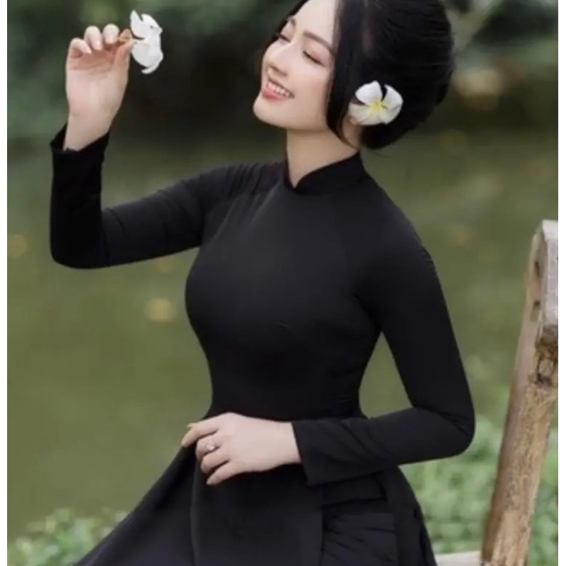 Áo dài trơn truyền thống 4 tà chất chiffon cao cấp màu đen - Mã T28