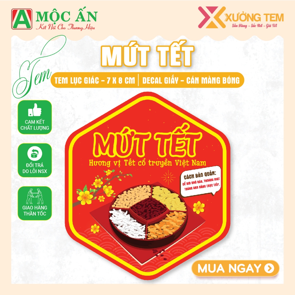 55 Tem Dán Mứt Tết, Sản Phẩm Ngày Tết - Decal Lục Giác Sáng Đẹp, Hàng Sẵn sll