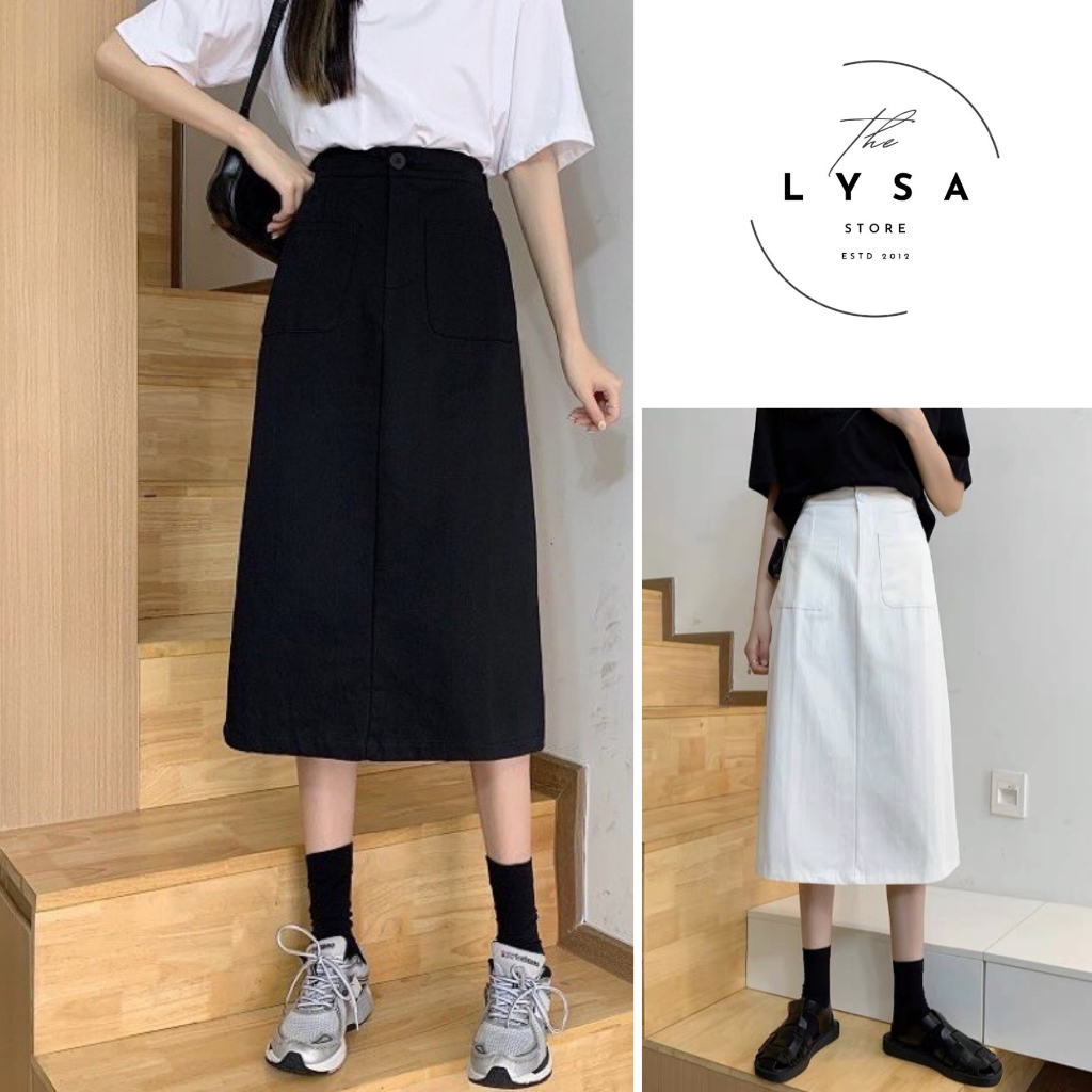 Chân váy kaki dài qua gối đen trắng Lysa store