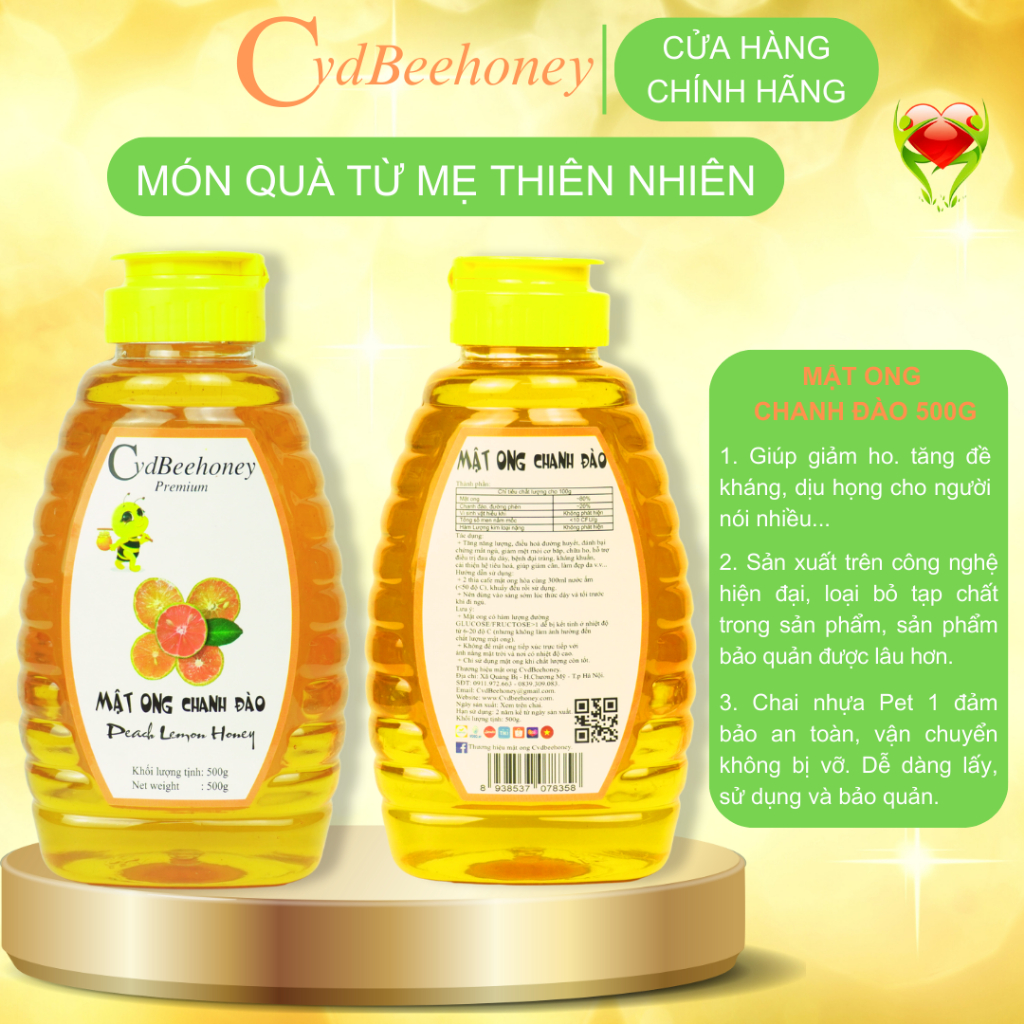 Mật ong Chanh Đào Nguyên Chất, Tăng Đề Kháng, Phục Hồi Sức Khỏe, Đẹp Da Cho Người Già, Trẻ Em, Nam, Nữ CVDBEEHONEY 500g