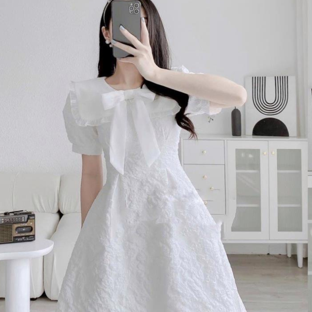 Váy xốp hoa cổ bèo cute phối nơ tiểu thư dễ thương