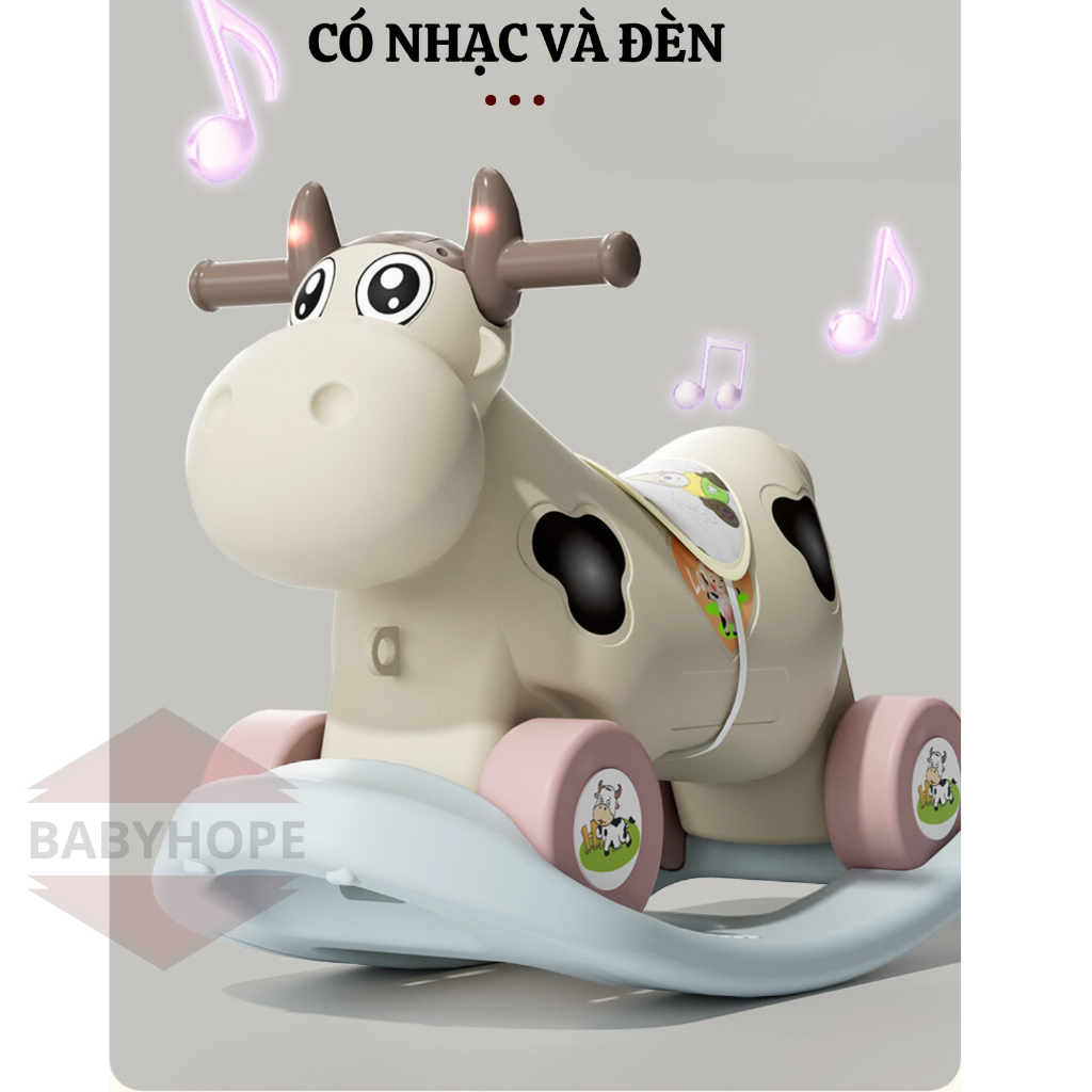 Ngựa bập bênh hình bò sữa 2 in 1 vừa bập bênh vừa xe chòi chân có nhạc và đèn BABYHOPE