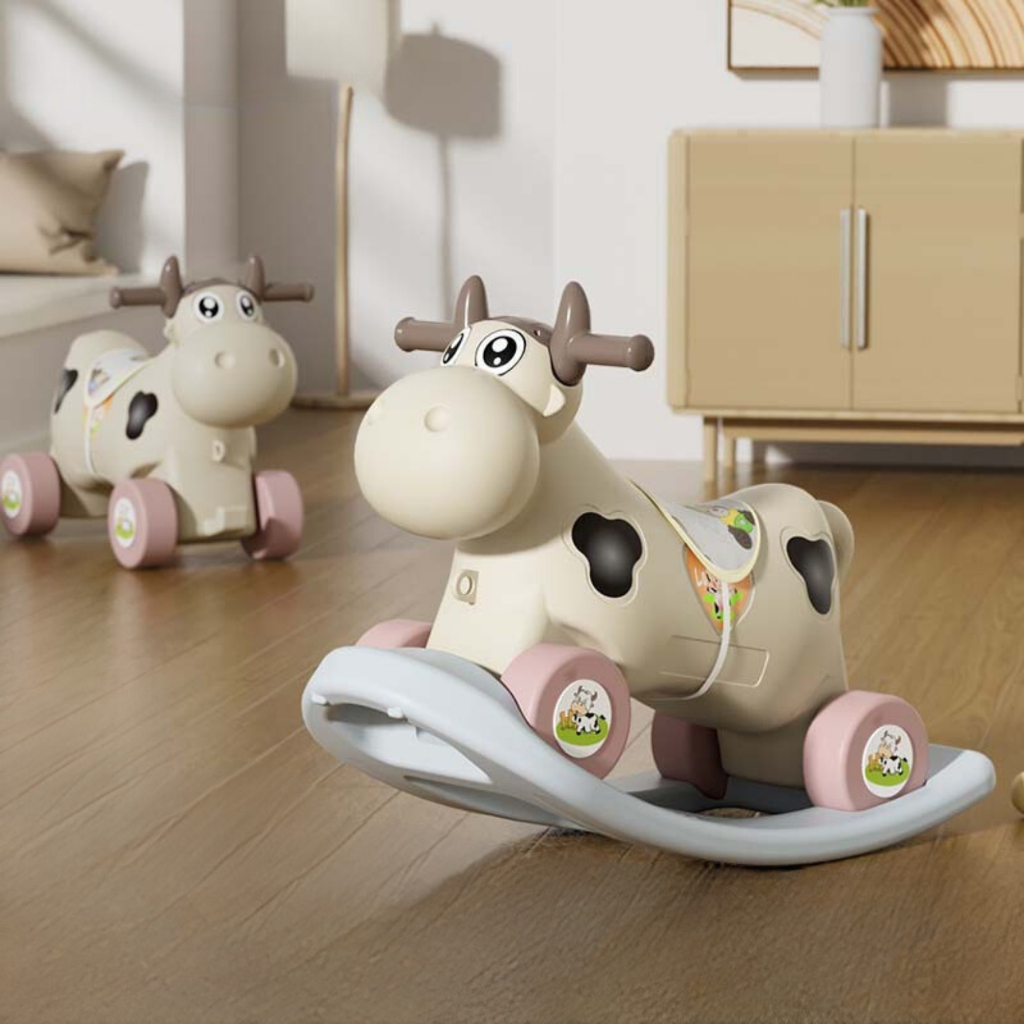 Ngựa bập bênh hình bò sữa 2 in 1 vừa bập bênh vừa xe chòi chân có nhạc và đèn BABYHOPE