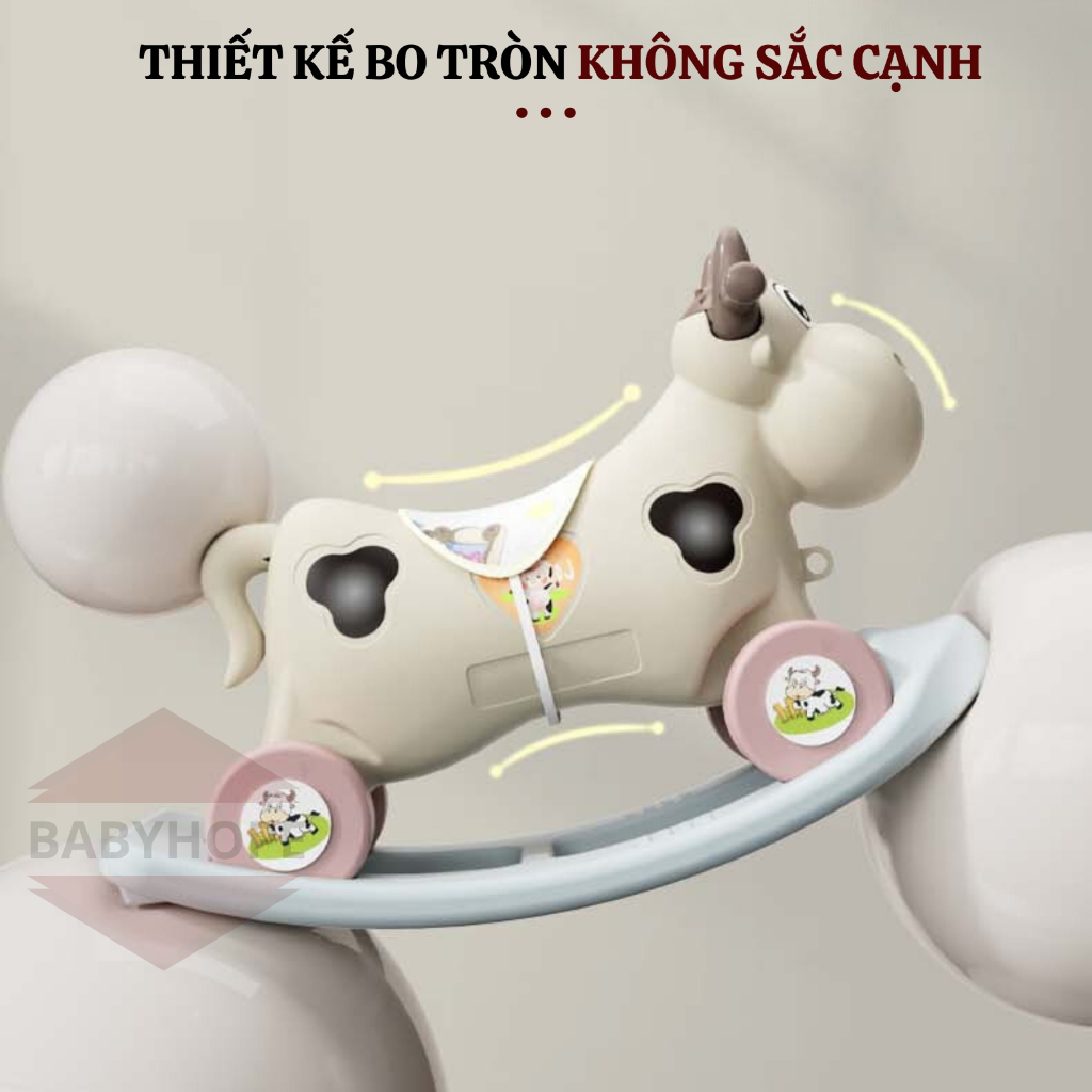 Ngựa bập bênh hình bò sữa 2 in 1 vừa bập bênh vừa xe chòi chân có nhạc và đèn BABYHOPE