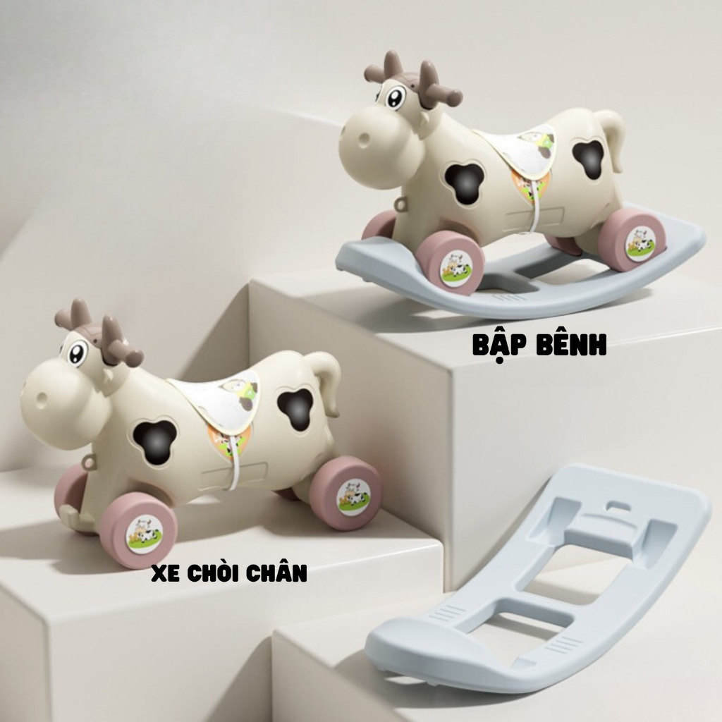 Ngựa bập bênh hình bò sữa 2 in 1 vừa bập bênh vừa xe chòi chân có nhạc và đèn BABYHOPE