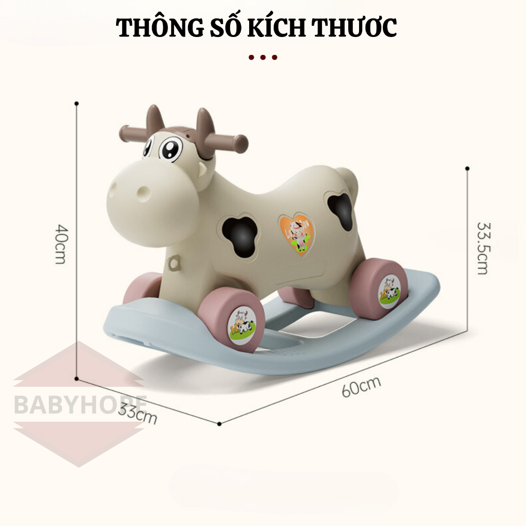 Ngựa bập bênh hình bò sữa 2 in 1 vừa bập bênh vừa xe chòi chân có nhạc và đèn BABYHOPE