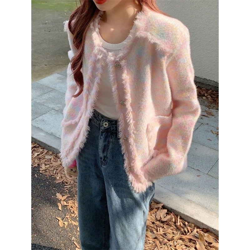 Áo khoác len lông thỏ hồng loang tuarua tiểu thư