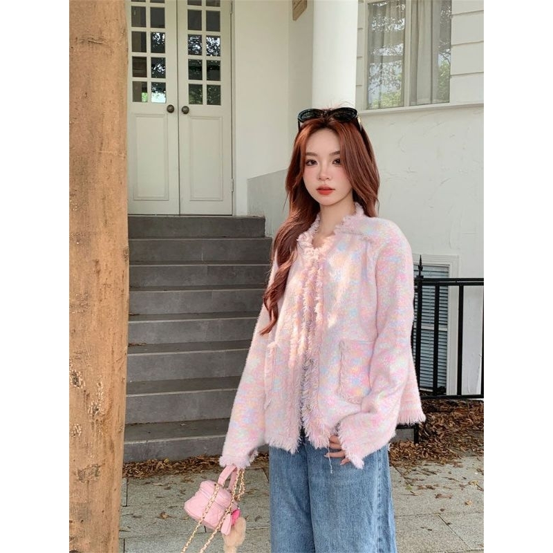 Áo khoác len lông thỏ hồng loang tuarua tiểu thư