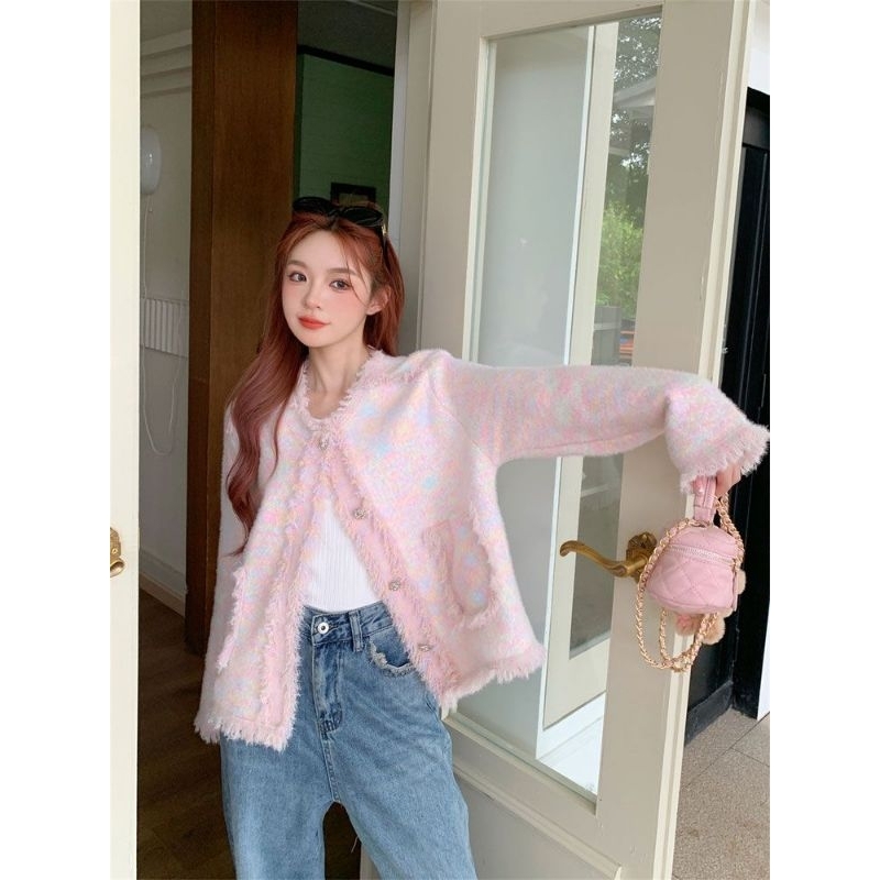 Áo khoác len lông thỏ hồng loang tuarua tiểu thư