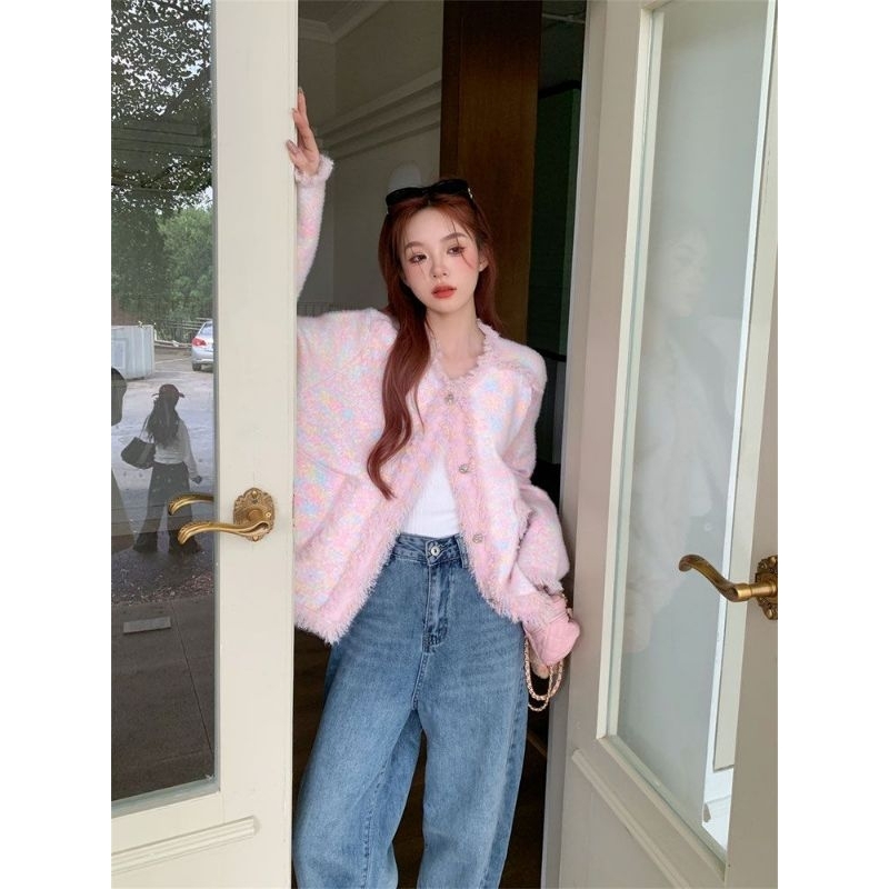 Áo khoác len lông thỏ hồng loang tuarua tiểu thư