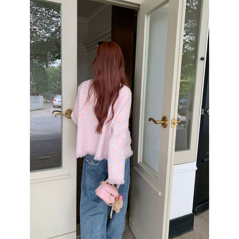 Áo khoác len lông thỏ hồng loang tuarua tiểu thư