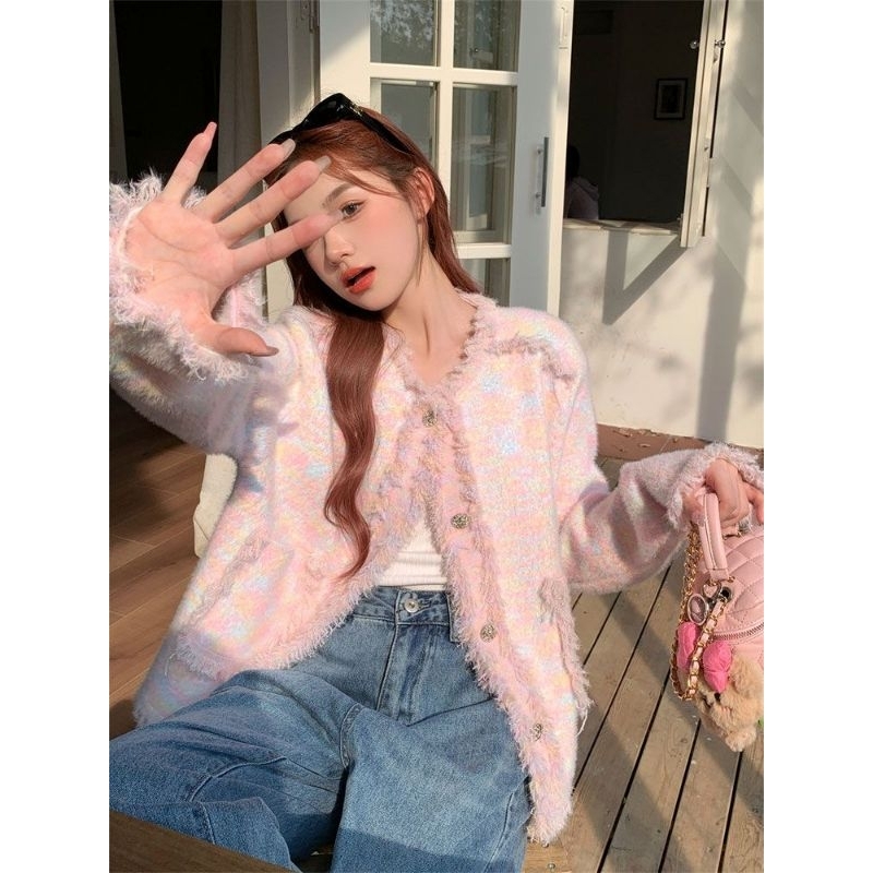 Áo khoác len lông thỏ hồng loang tuarua tiểu thư