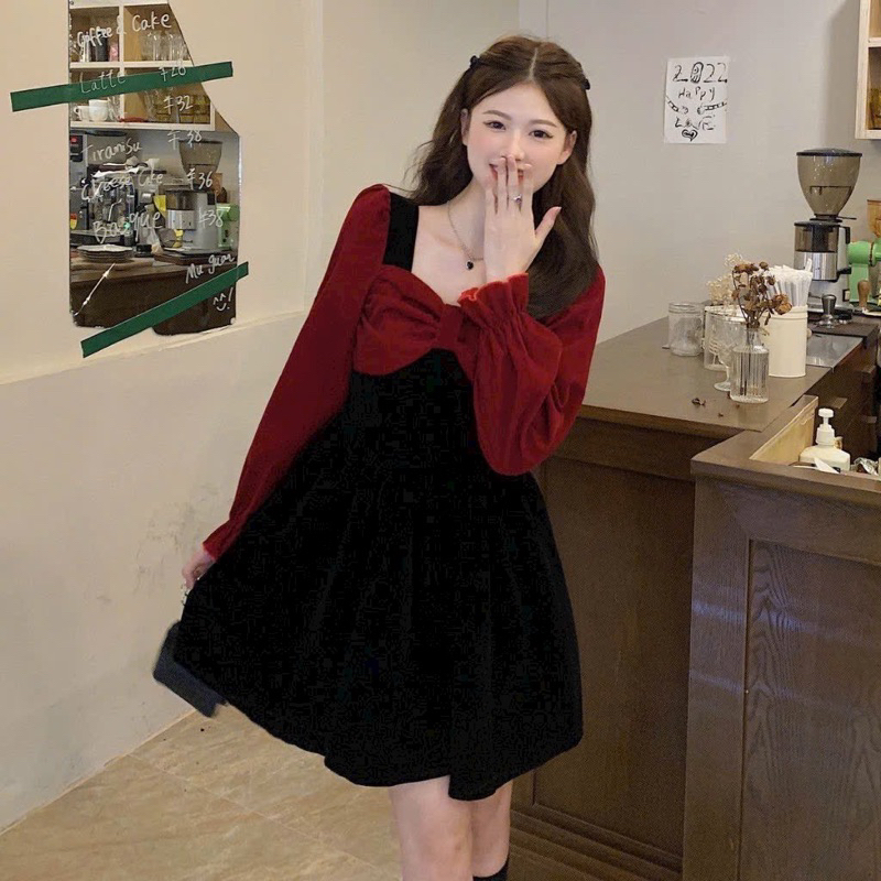 Đầm nữ xoè phối nơ ngực tay dài chất nhung xịn mặc đi chơi noen đi cafe dạo phố