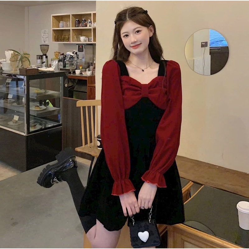 Đầm nữ xoè phối nơ ngực tay dài chất nhung xịn mặc đi chơi noen đi cafe dạo phố