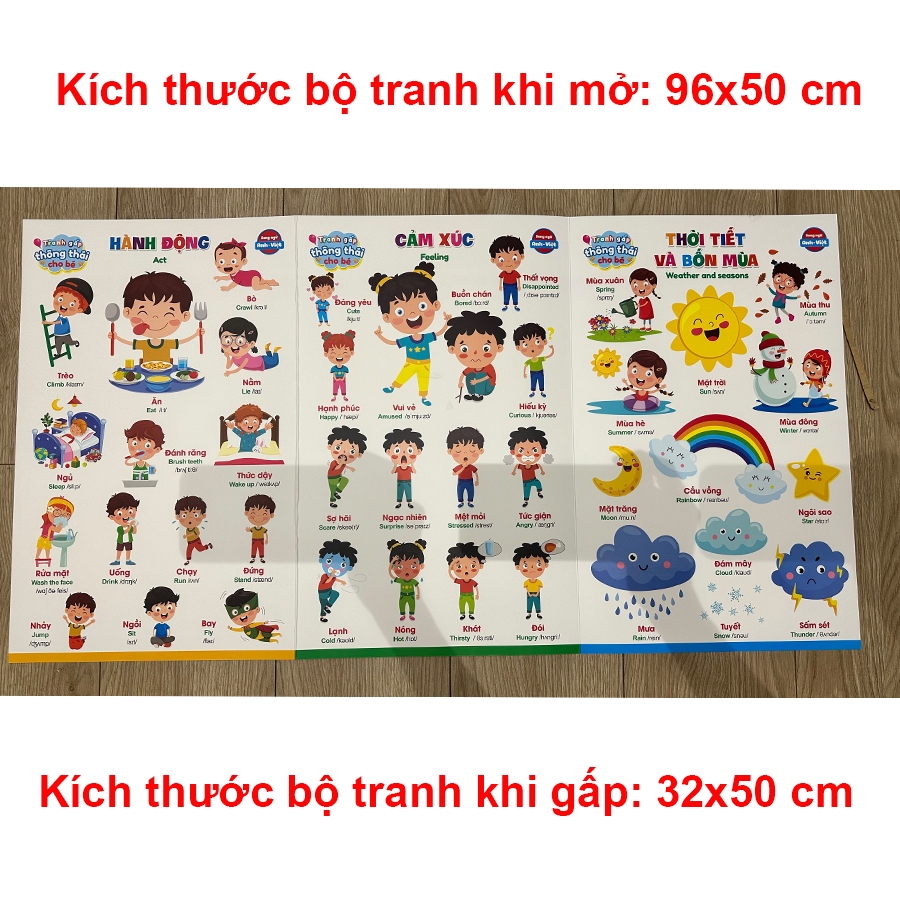 Bộ tranh gấp thông thái cho bé cỡ lớn - 3 tấm, 6 mặt, 17 chủ đề song ngữ Anh Việt (96 x 50cm)