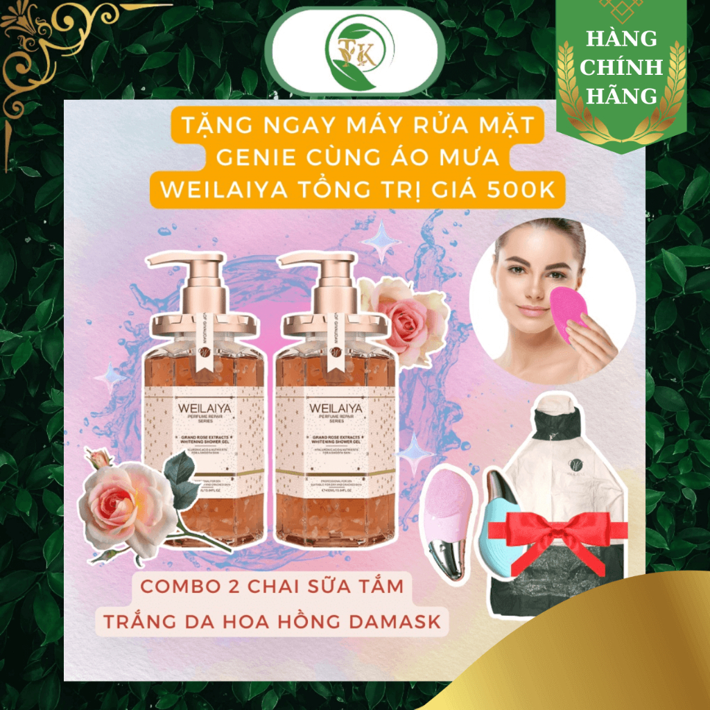 [TẶNG MÁY RỬA MẶT ĐA NĂNG 500K] Set 2 chai sữa tắm lưu hương thơm cánh hoa hồng Weilaiya 450ML - Sữa tắm hoa hồng