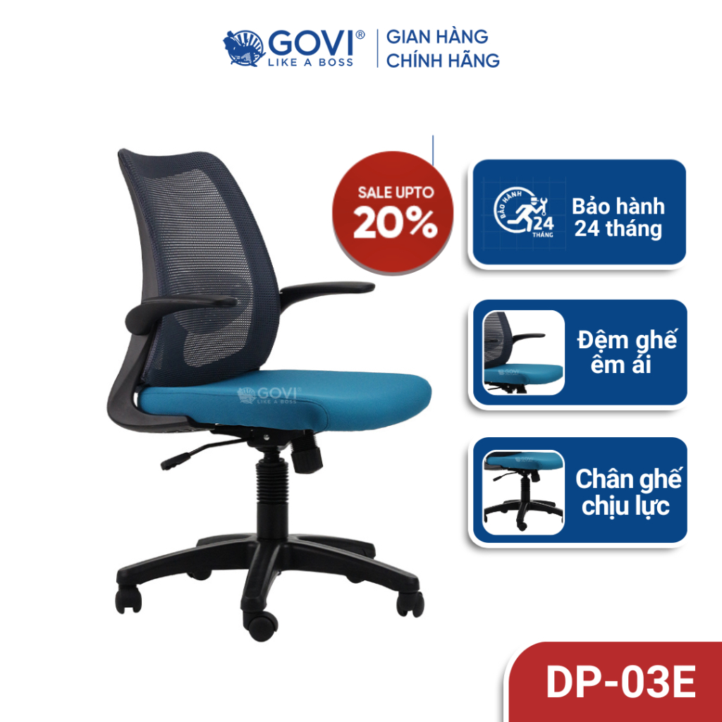 Ghế xoay văn phòng GOVI Malaysia Dolphin - Khung lưng chắc chắn, đệm ghế bọc vải êm ái, lưng ghế bọc lưới thoáng mái.