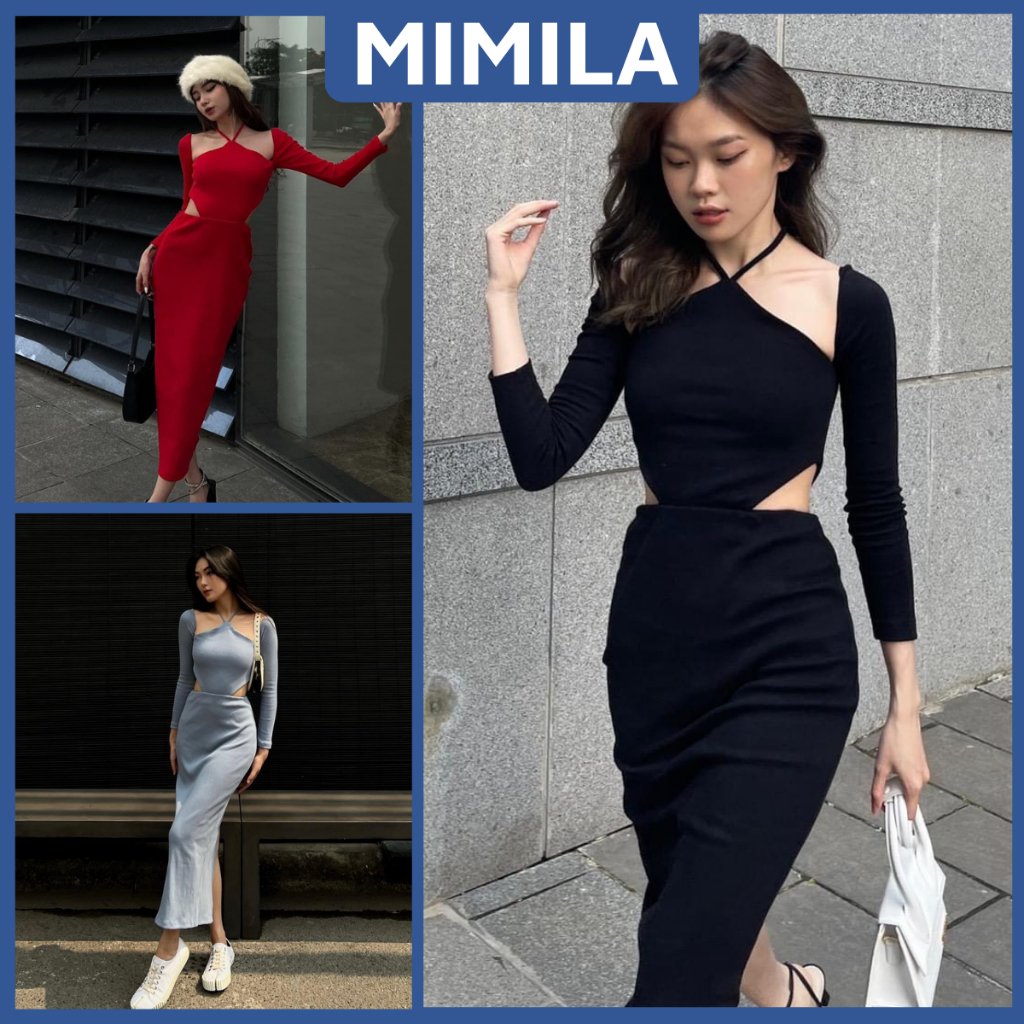 Đầm Body Dài Tay MIMILA Thiết Kế Cổ Yếm Khoét Eo Váy Body Dáng Dài Ôm Sát Tôn Dáng Dự Tiệc Sang Chảnh - MBD068