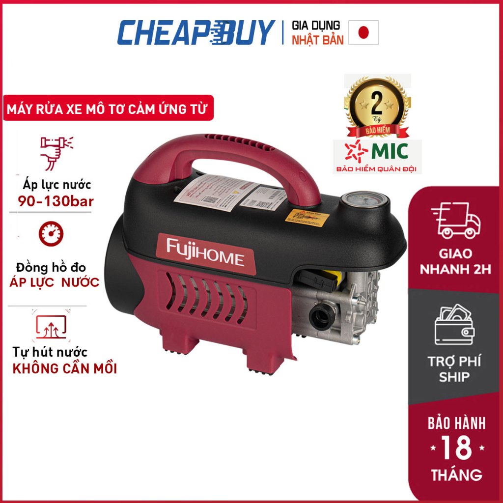 Máy xịt rửa xe cao áp phun áp lực cao cho ô tô xe máy Fujihome PW01X, máy rửa xe tăng áp lõi đồng tặng kèm phụ kiện