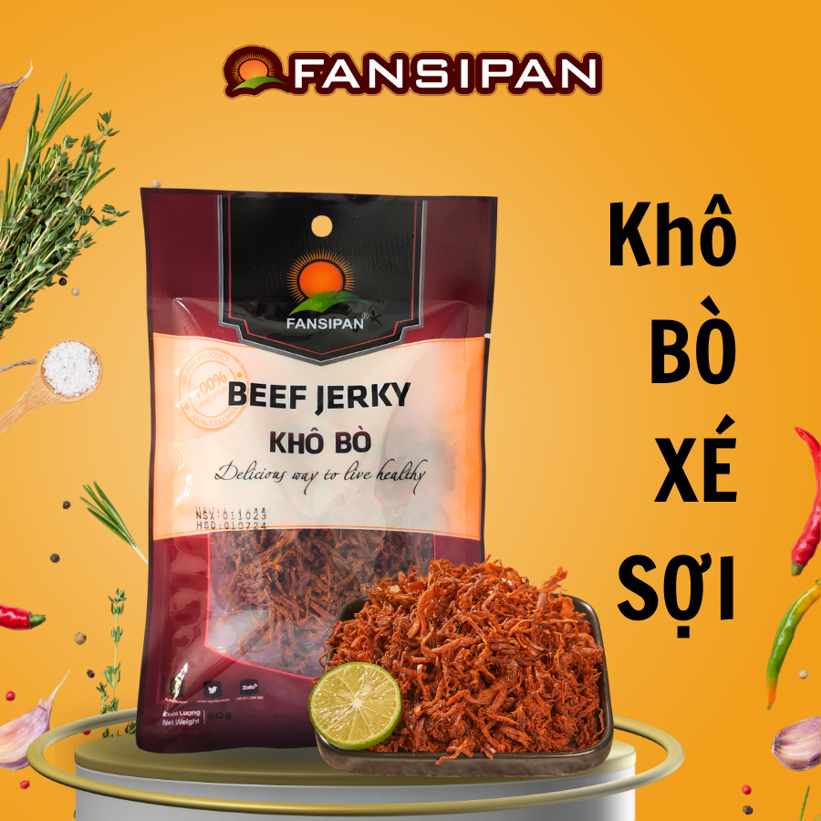 Khô bò xé sợi chính hãng Fansipan túi 50g - Đảm bảo ATVSTP