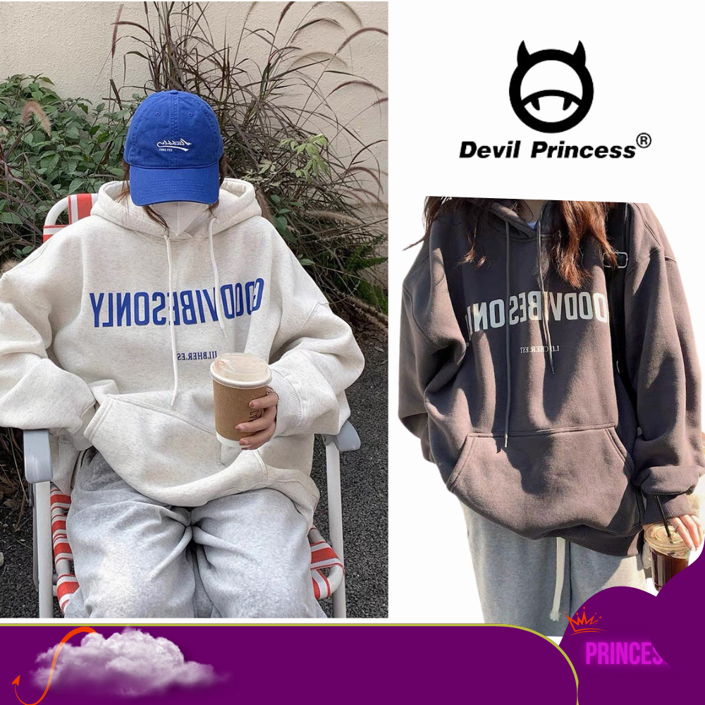 Áo nỉ hoodie unisex form rộng dáng dài in hình basic Deliz thời trang nam nữ mùa đông Devil Princess