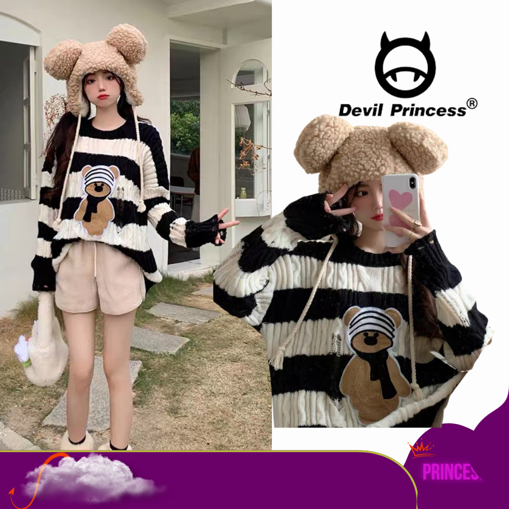 Áo len nữ cổ tròn kẻ ngang đen trắng DELIZ áo mùa đông hình gấu dễ thương Devil Princess