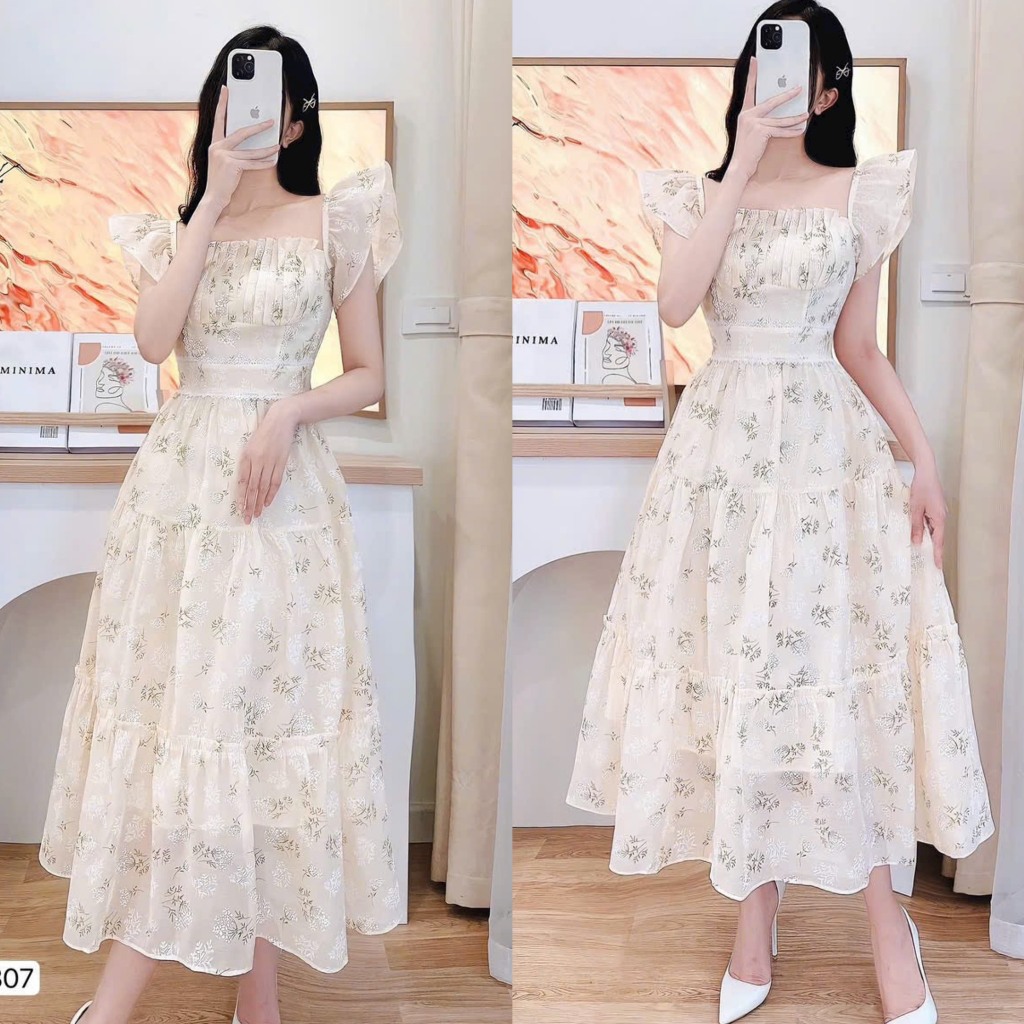 Đầm váy nữ voan hoa nhí xếp ly ngực tay cánh tiên ( có mút ) dáng xòe xinh xắn cho các tình yêu đi dự tiệc, đi chơi