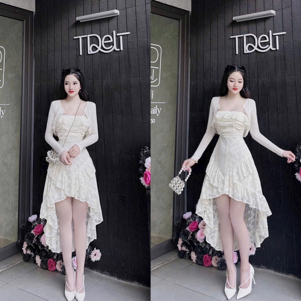 Set đầm váy nữ 2 dây ren hoa bèo đuôi cá xinh xắn kèm khoác croptop sang chảnh cho các nàng đi dự tiệc, đi biển