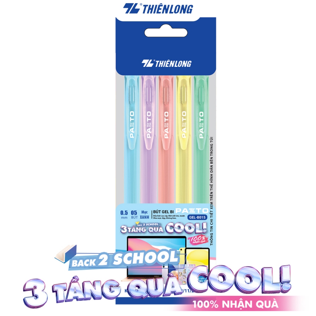 Bút gel B màu Pastel Thiên Long Pazto GEL-B015 - Mực xanh (5 cây)