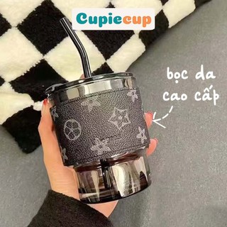 Cốc Thủy Tinh Kèm Bọc Da Cao Cấp, Ly Thủy Tinh Kèm nắp, Đựng Cafe Siê Xinh, Chịu Nhiệt Cao 300ml BTT091
