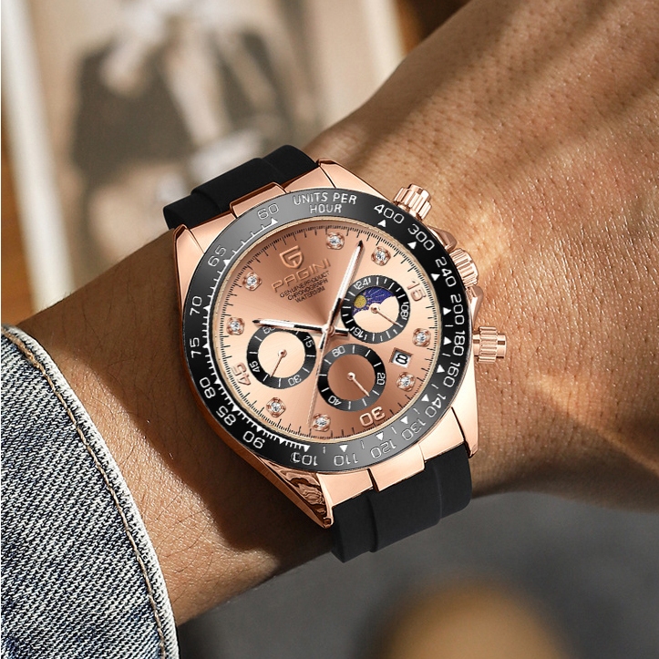 Đồng Hồ Nam Pagini 6 Kim - Dây Cao Su - Mặt Size 40mm, Chống Nước 3atm, Chống Trầy Xước