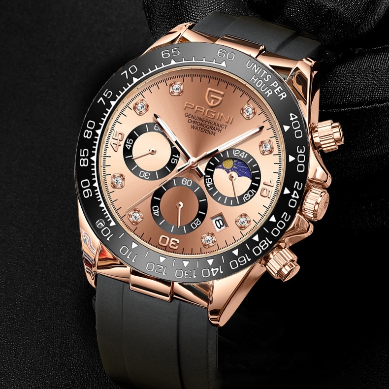 Đồng Hồ Nam Pagini 6 Kim - Dây Cao Su - Mặt Size 40mm, Chống Nước 3atm, Chống Trầy Xước