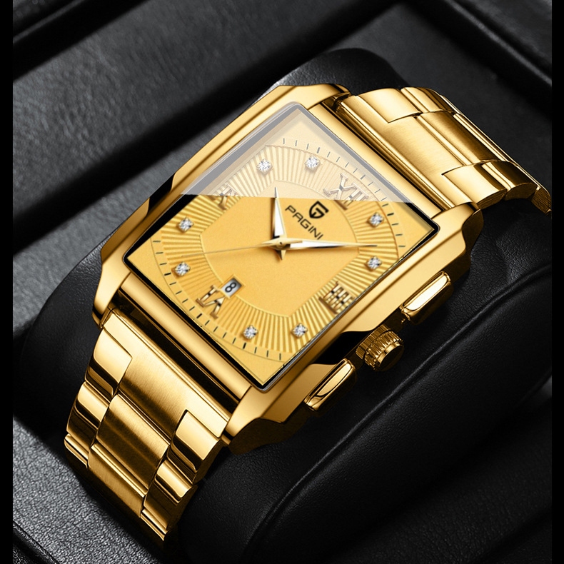 Đồng Hồ Nam Pagini Full Gold Mặt Vuông - Kim Dạ Quang - Hiển Thị Lịch Ngày