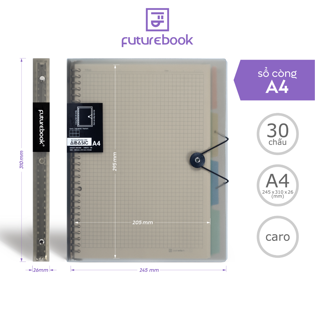 Sổ tay sổ còng Binder FUTUREBOOK, còng binder A5 20 chấu, B5 26 chấu, A4 30 chấu, kèm sẵn ruột giấy, bìa nhựa phân trang