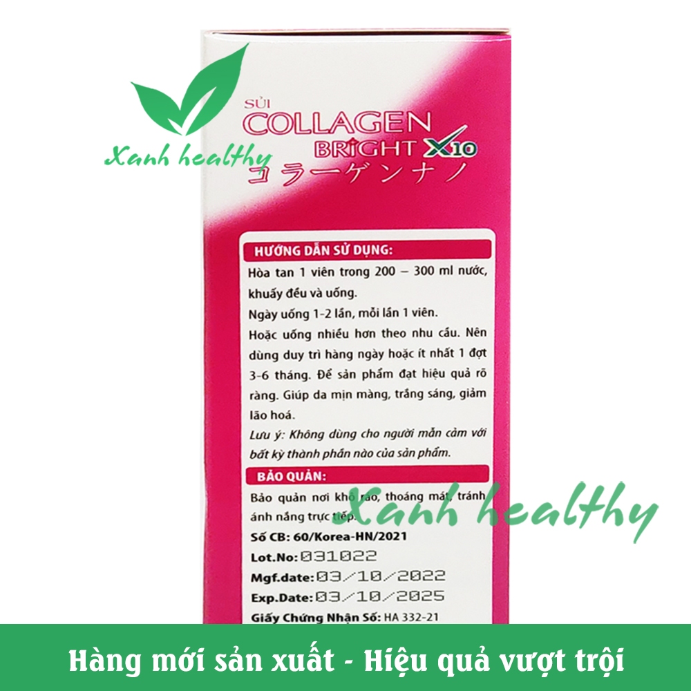 Sủi đẹp da Collagen Bright X10 giúp sáng mịn da, ngăn ngừa lão hóa, giảm thâm sạm nám da - Tuýp 20 viên