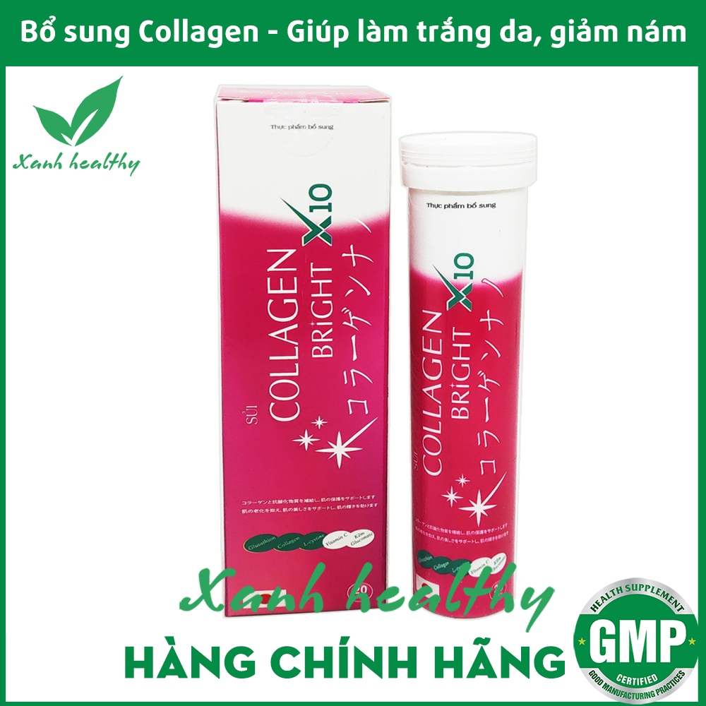 Sủi đẹp da Collagen Bright X10 giúp sáng mịn da, ngăn ngừa lão hóa, giảm thâm sạm nám da - Tuýp 20 viên