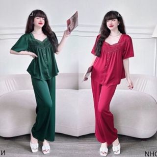 Đồ Bộ Mặc Nhà Nhistore Pijama Lụa Latin Cao Cấp Áo Cổ Vuông Xếp Ly Phối Ren Tay Ngắn Cài Nút Tiểu Thư 60kg