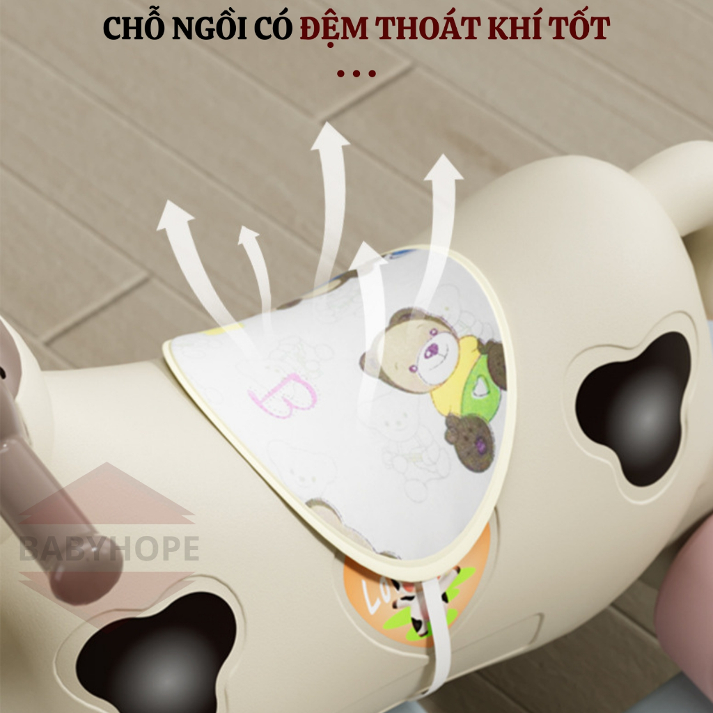 Ngựa bập bênh hình bò sữa 2 in 1 vừa bập bênh vừa xe chòi chân có nhạc và đèn BABYHOPE