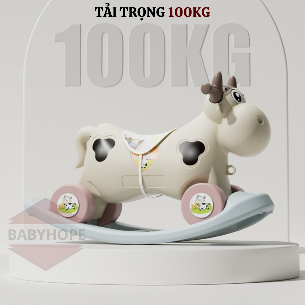 Ngựa bập bênh hình bò sữa 2 in 1 vừa bập bênh vừa xe chòi chân có nhạc và đèn BABYHOPE