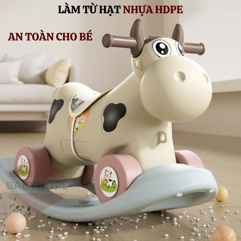 Ngựa bập bênh hình bò sữa 2 in 1 vừa bập bênh vừa xe chòi chân có nhạc và đèn BABYHOPE