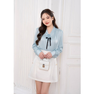 Áo sơ mi nữ lụa gân cài hoa cổ tim cao cấp Chiffon
