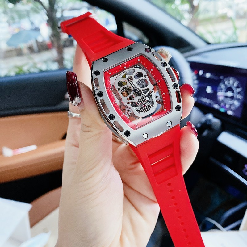 Đồng Hồ Nam Auth Xcer B0619 Red Silver Skull Automatic, Dây Silicon , Size 43mm
