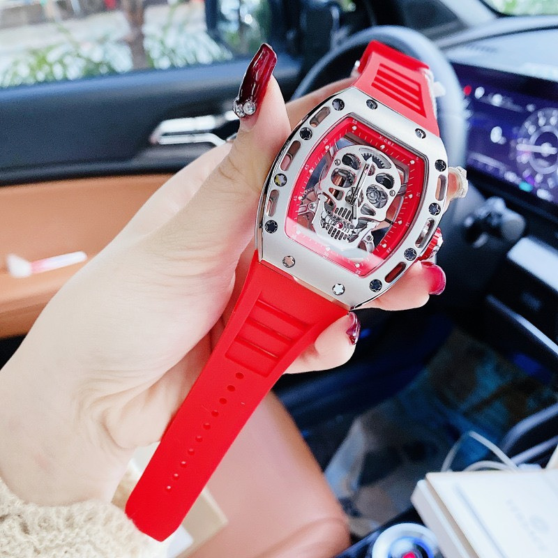 Đồng Hồ Nam Auth Xcer B0619 Red Silver Skull Automatic, Dây Silicon , Size 43mm