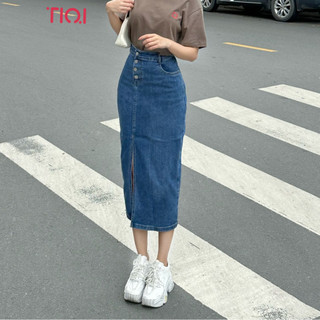 Chân váy jean dáng dài xẻ tà co giãn tiqi jeans v1-231