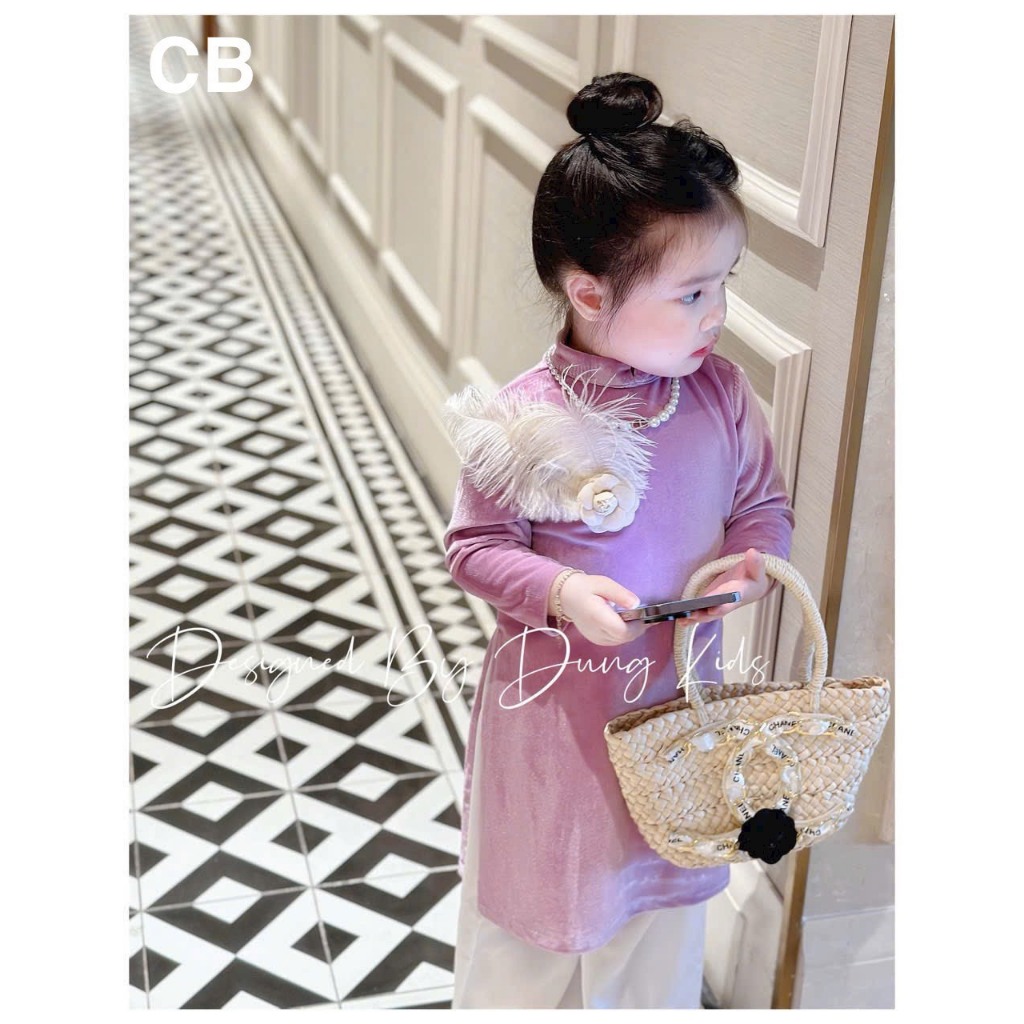 Set áo dài cách tân nhung hoa đính lông xinh xắn đáng yêu cho bé gái 10-30kg